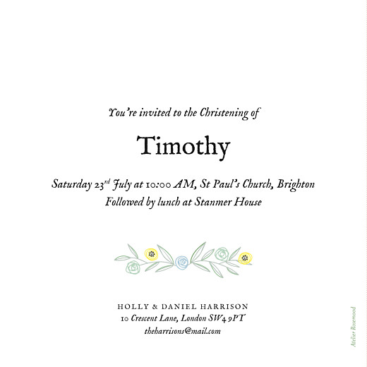 Christening Invitations Rustic Floral Green - Back Christening Invitations Rustic Floral Green - Back