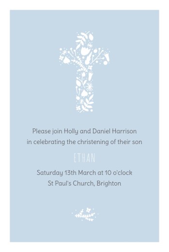 Christening Invitations Floral Cross Blue - Front