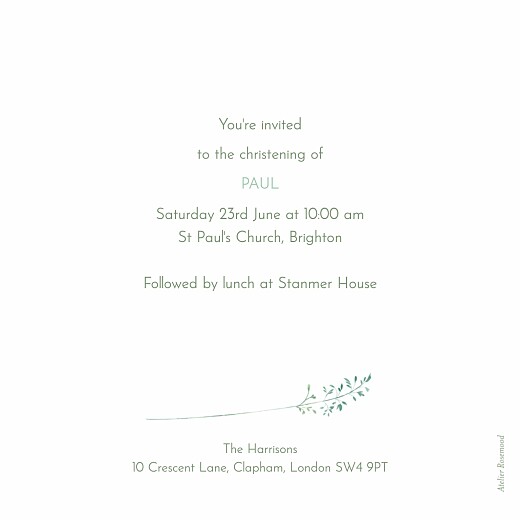 Christening Invitations Country Meadow Green - Back Christening Invitations Country Meadow Green - Back
