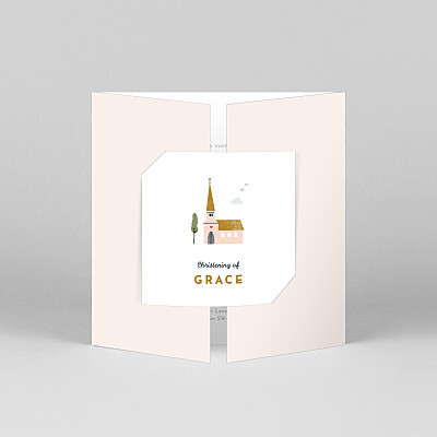 Charming chapel (gatefold) pink modern christening invitations Charming chapel (gatefold) pink modern christening invitations