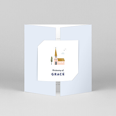 Charming chapel (gatefold) blue blue christening invitations Charming chapel (gatefold) blue blue christening invitations