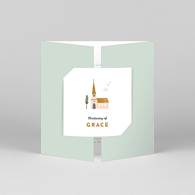 Charming chapel (gatefold) green green christening invitations Charming chapel (gatefold) green green christening invitations
