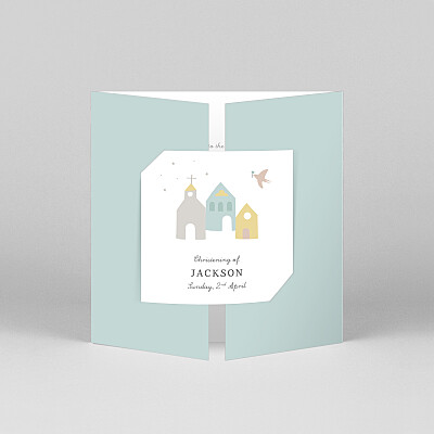 Village chapel (gatefold) blue boys christening invitations Village chapel (gatefold) blue boys christening invitations