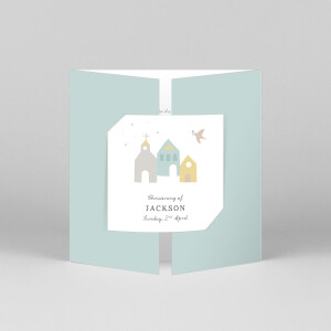 Christening Invitations Village chapel (gatefold) blue Christening Invitations Village chapel (gatefold) blue
