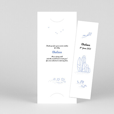 Surf's up (bookmark) 3 children white blue baby thank you cards Surf's up (bookmark) 3 children white blue baby thank you cards