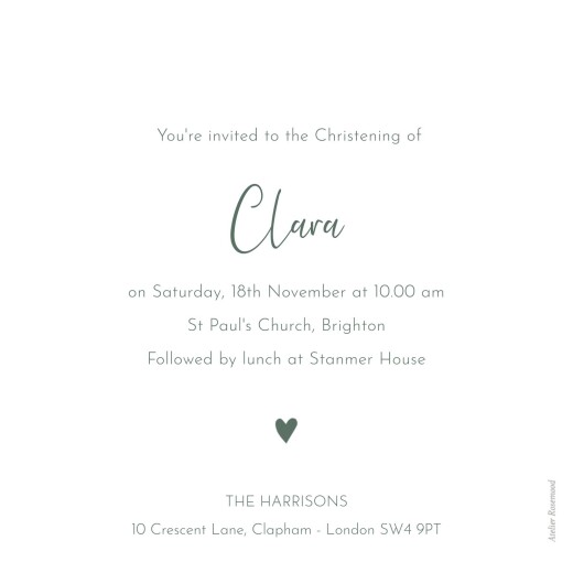 Christening Invitations Heart Medallion Green - Back