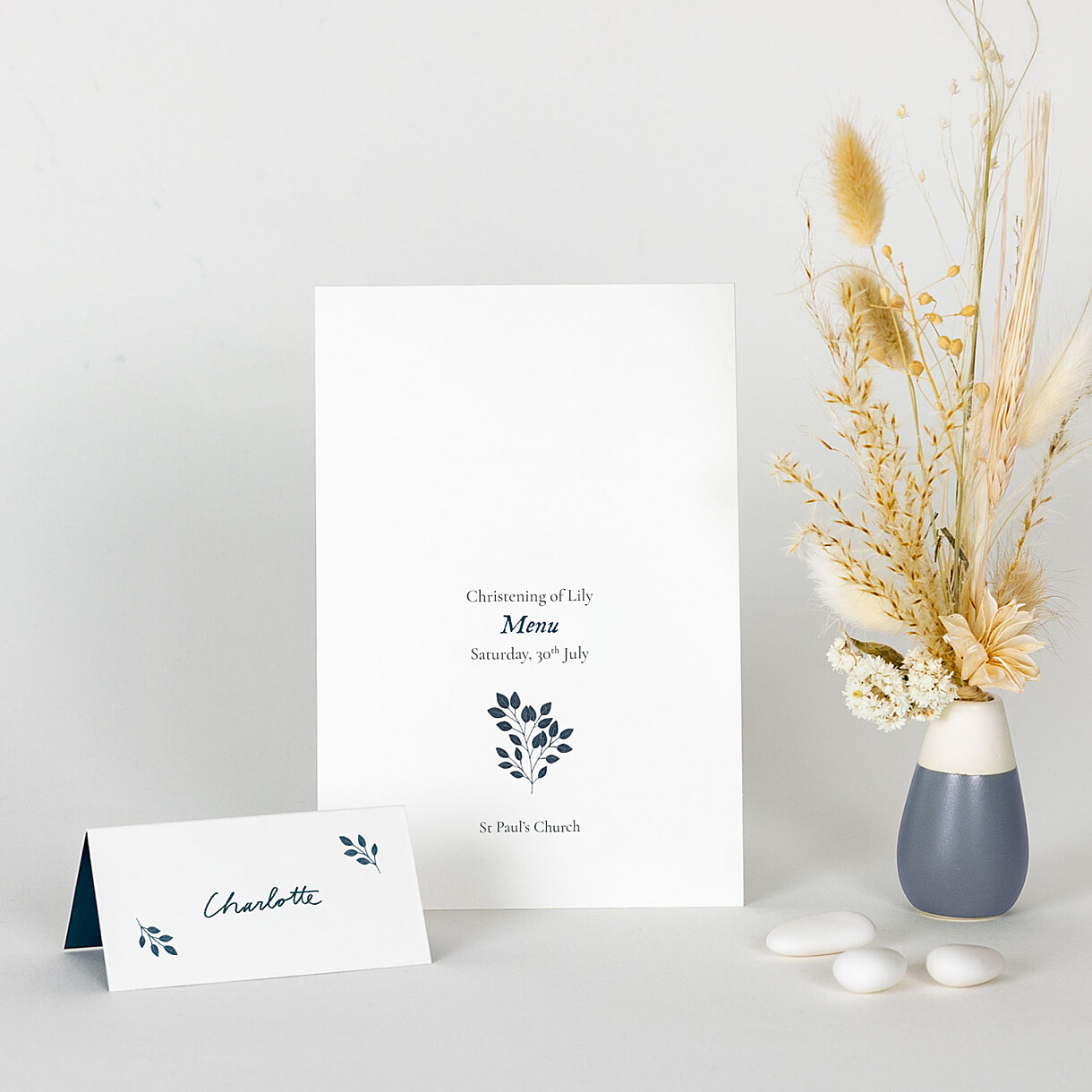 Verdure bouquet christening place cards Verdure bouquet christening place cards